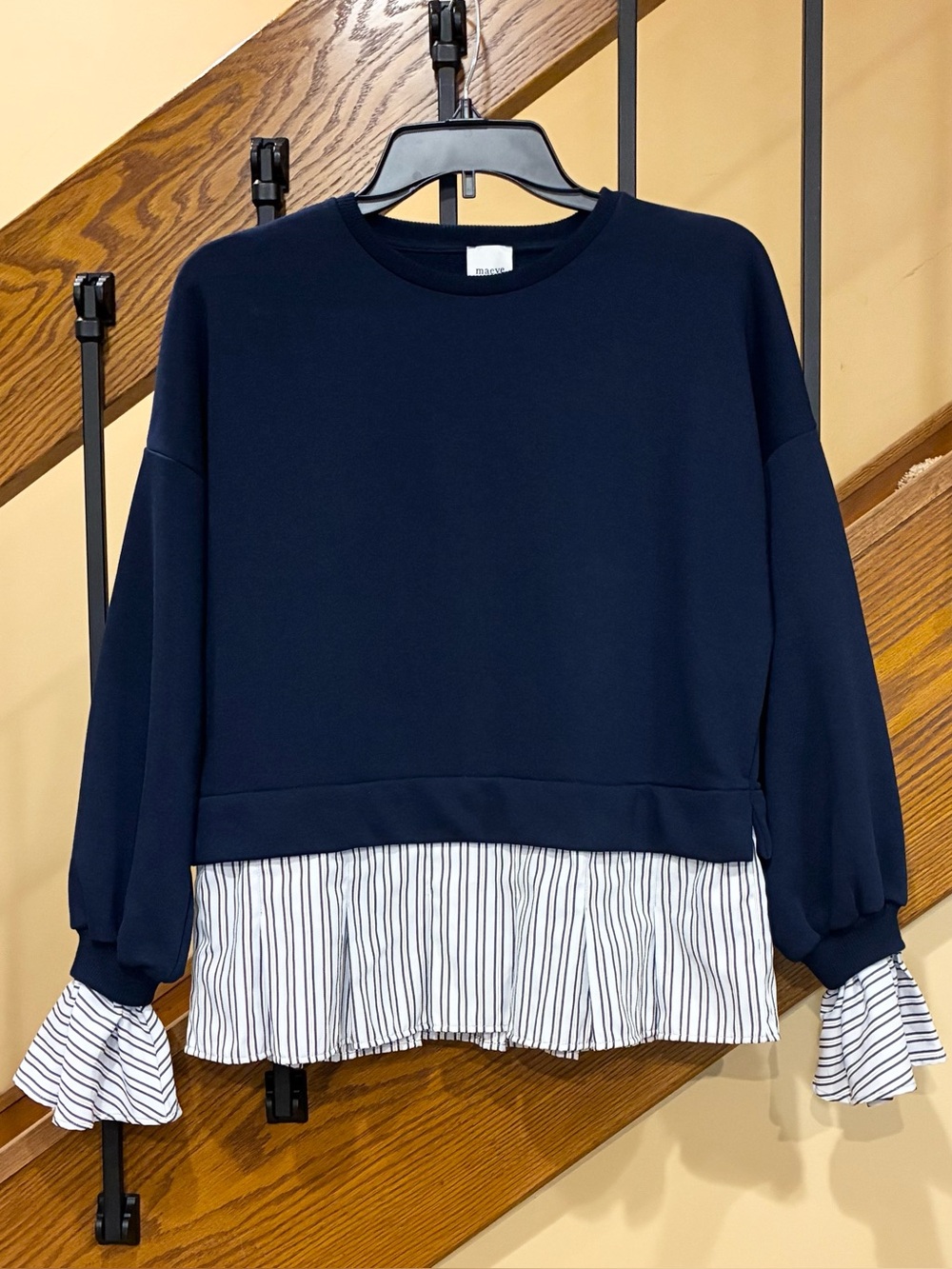 Maeve Sweatshirt Twofer Crew Neck Ruffle Striped cuffs and hem Navy SZ. XXS